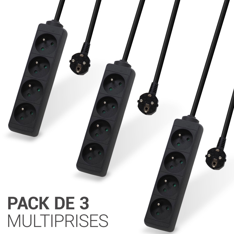 Lot de 3 multiprises électriques 4 prises avec rallonge de 1,5m, couleur noire