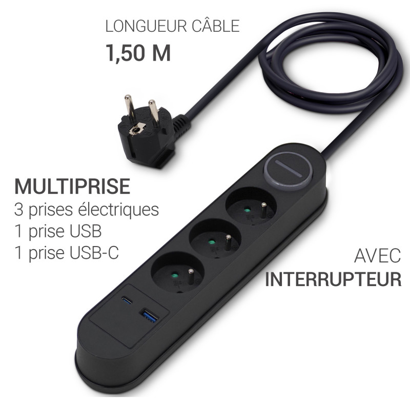 Multiprise Electrique USB C avec Interrupteur, Aluminium Multiprise de