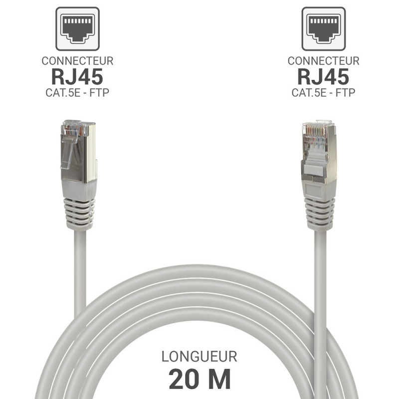 Câble Réseau Ethernet RJ45 Cat 5e FTP blindé gris 20m