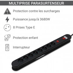 Multiprise parasurtenseur interrupteur 8 prises 1.50 m, 3x1,5mm2 noir