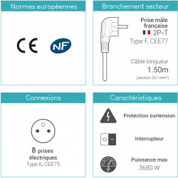 Multiprise parasurtenseur interrupteur 8 prises 1.50 m, 3x1,5mm2 noir