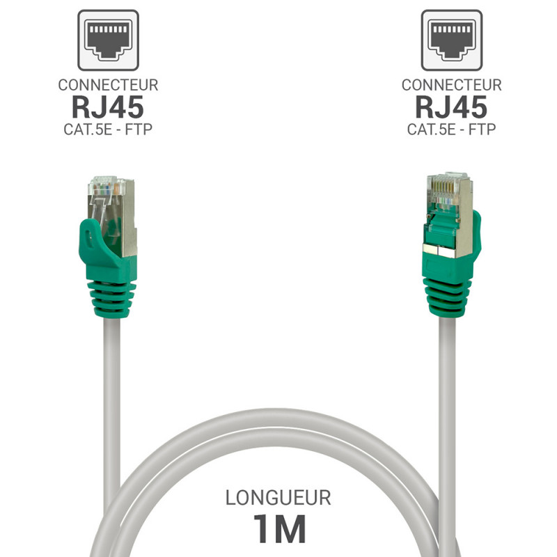 Cordon réseau RJ45 Cat. 5e blindé FTP fiche protégée gris 1.00m