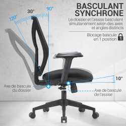 Chaise Bureau, avec Accoudoirs réglables, Bascuilant Synchrone - Noir