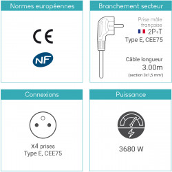 Lot de 3 multiprises 4 prises noire câble 3,00m sécurité enfant CE NF
