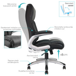 Fauteuil Bureau Confortable, Accoudoirs Relevables, Simili Cuir Noir