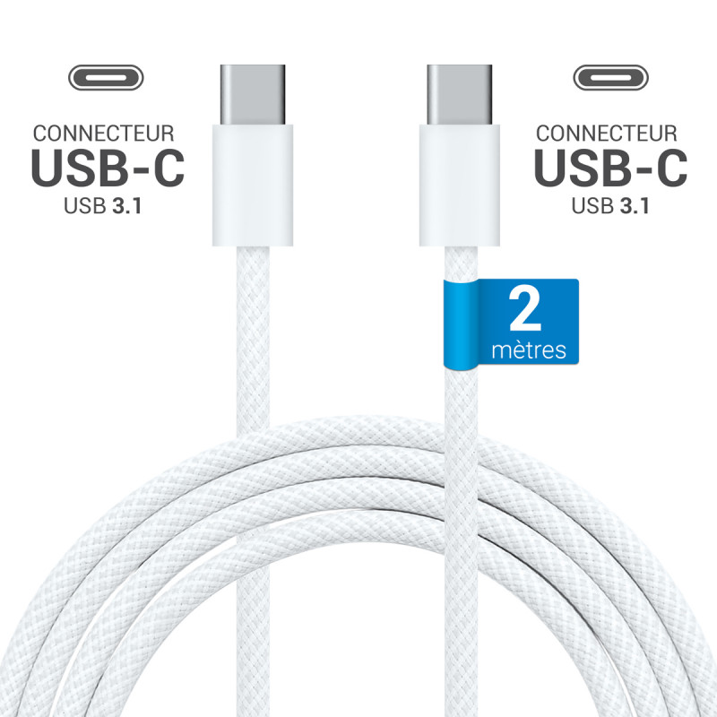 Câble USB-C USB-C 3.1 60W Nylon tressé, mâle mâle, 2,00m Blanc