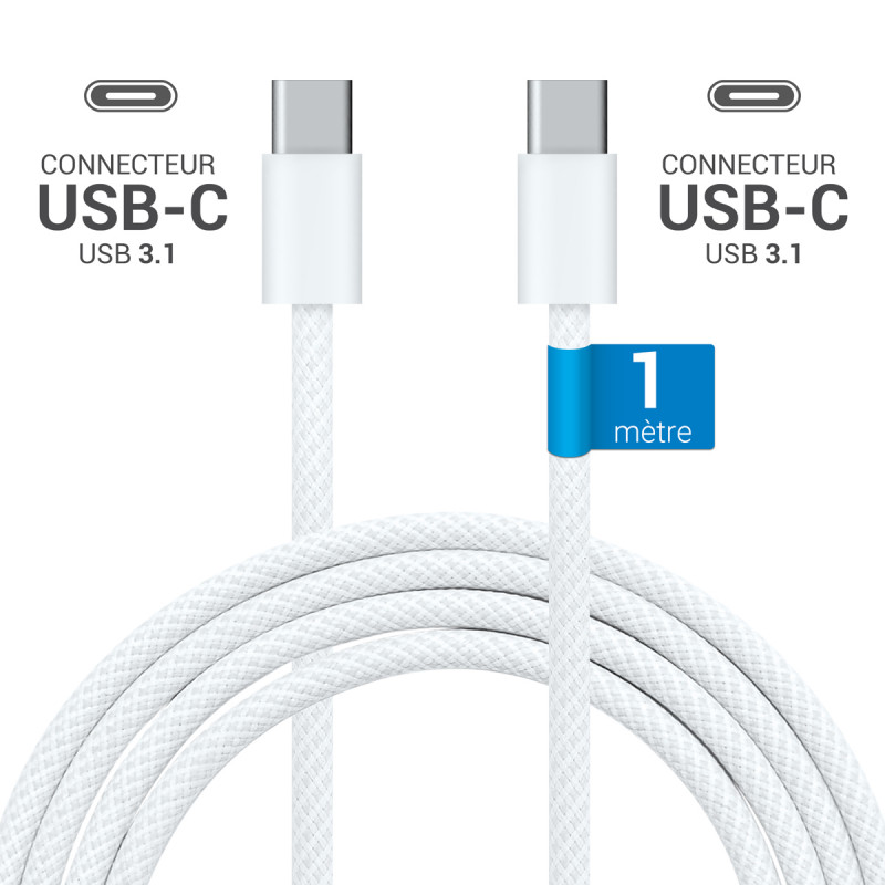 Câble USB-C USB-C 3.1 60W Nylon tressé, mâle mâle, 1,00m Blanc