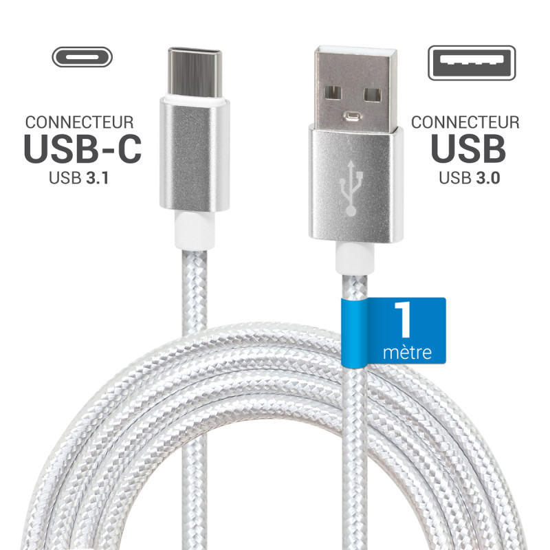 Câble USB-C 3.1 USB-A Nylon tressé, 20W 1A, mâle mâle, 1,00m Blanc