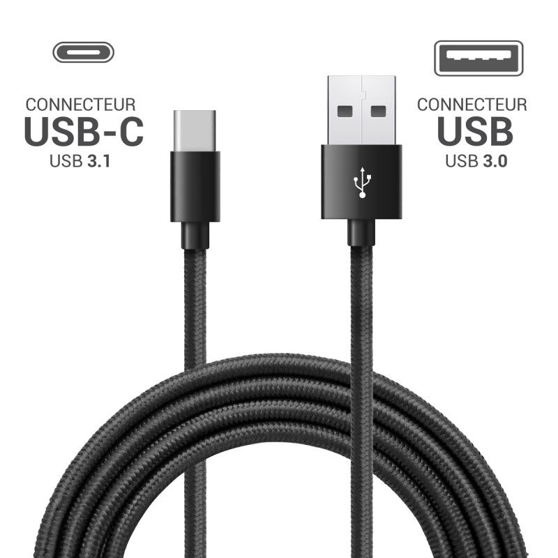 Câble USB-C 3.1 USB-A Nylon tressé, 20W 1A, mâle mâle, 1,00m Noir
