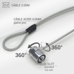 Câble Antivol Ordinateur haute sécurité verrou à clé, Longueur 2,00m