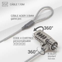 Câble Antivol pour Ordinateur verrouillage à code, Longueur 1,10m