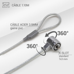 Câble Antivol pour Ordinateur avec serrure à clé, Longueur 1,10m
