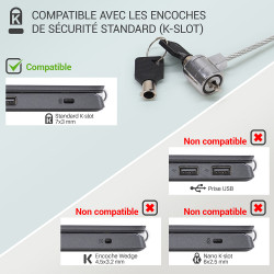 Câble Antivol pour Ordinateur avec serrure à clé, Longueur 1,10m