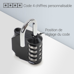 Cadenas à code 4 chiffres Anse 6mm acier trempé et corps zinc Noir