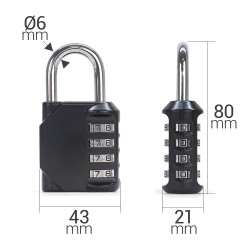 Cadenas à code 4 chiffres Anse 6mm acier trempé et corps zinc Noir