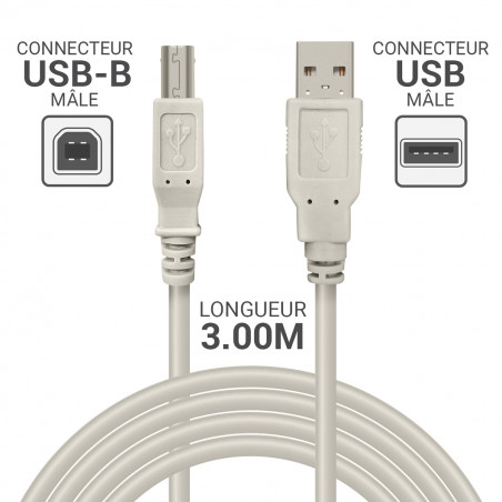 Câble imprimante USB-A mâle vers USB-B mâle 3,00 m Gris