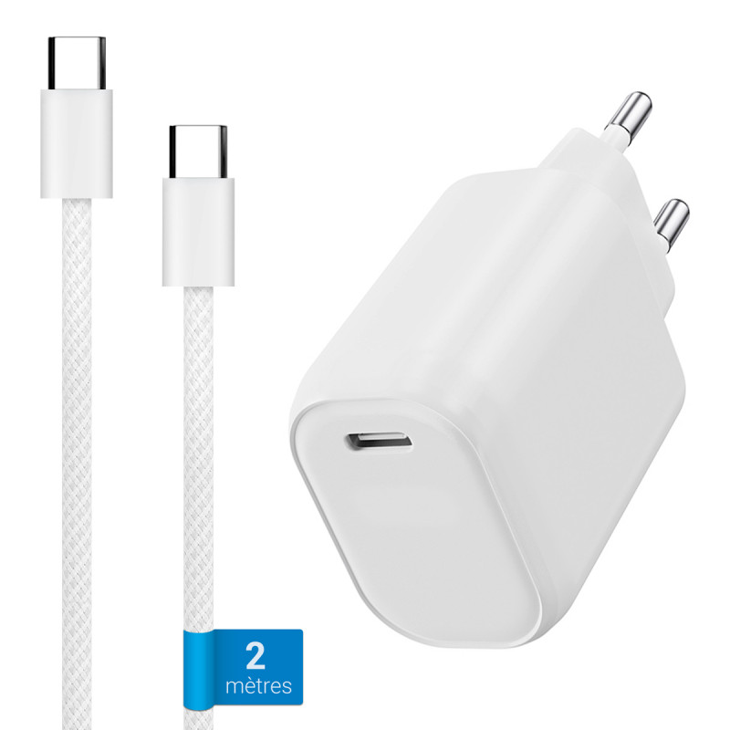 Chargeur complet, Prise rapide USB C 20W + Câble USB-C nylon 2m Blanc