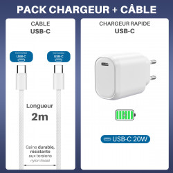 Chargeur complet, Prise rapide USB C 20W + Câble USB-C nylon 2m Blanc