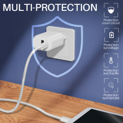 Chargeur Rapide 30W double USB C +USB avec Câble USB-C nylon 2m Blanc