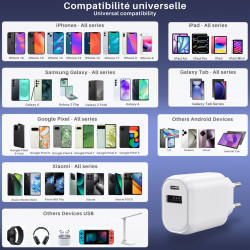 Lot 2 Chargeurs 30W double USB C et USB, Rapide et sécurisé, Blanc