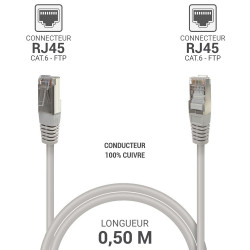 Câble réseau RJ45 Cat. 6 100% cuivre blindé FTP gris 0.50m