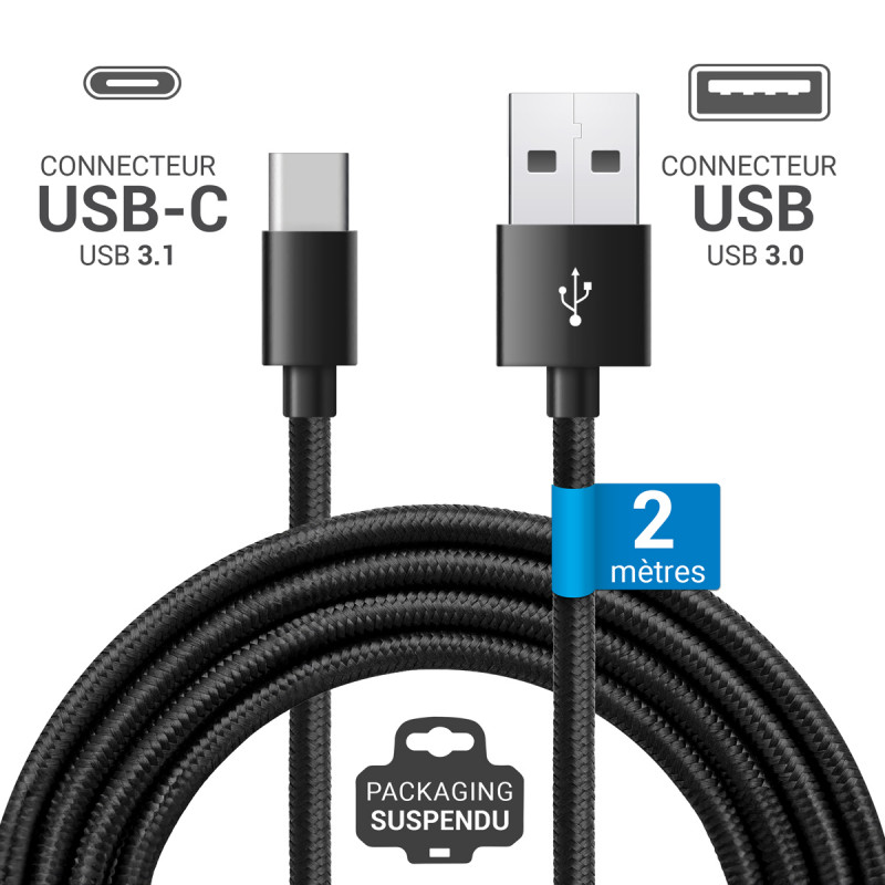Câble USB-C 3.1 USB-A Nylon tressé, 20W 1A, mâle mâle, 2,00m Noir