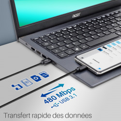 Câble USB-C 3.1 USB-A Nylon tressé, 20W 1A, mâle mâle, 2,00m Noir
