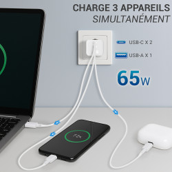 Chargeur GaN 65W 3 Ports (2 USB-C + 1 USB-A) - Blanc