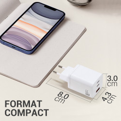 Chargeur GaN 65W 3 Ports (2 USB-C + 1 USB-A) - Blanc