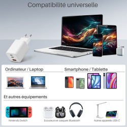 Chargeur GaN 65W 3 Ports (2 USB-C + 1 USB-A) - Blanc