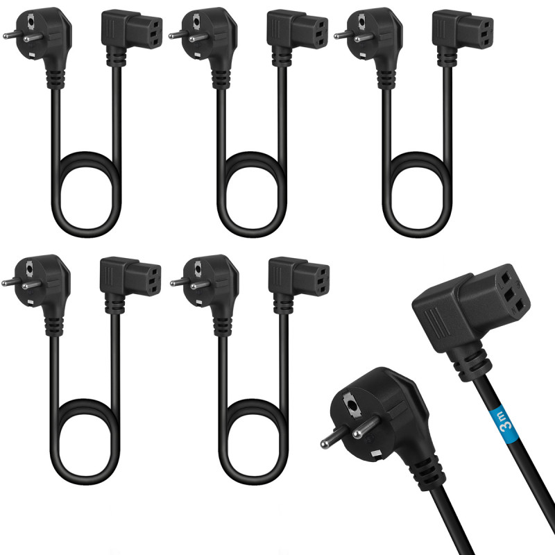 Lot de 5 câbles d'alimentation 3m CEE 7/7 vers C13 coudé, Noir
