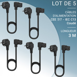 Lot de 5 câbles d'alimentation 3m CEE 7/7 vers C13 coudé, Noir