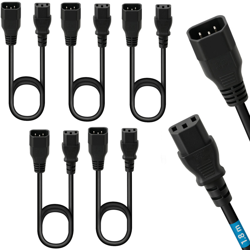 Lot de 5 Rallonges alimentation C14 - C13 mâle femelle Noir - 1,80m 