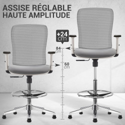 Chaise haute bureau gris, accoudoirs, roulettes ou pieds fixes
