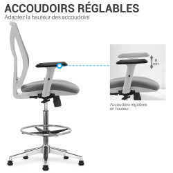 Chaise haute bureau gris, accoudoirs, roulettes ou pieds fixes