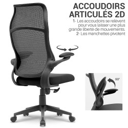 Fauteuil de bureau ergonomique tissu noir, dossier haut respirant
