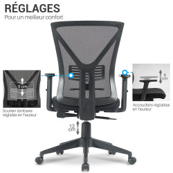 Chaise de bureau dossier ergonomique avec accoudoirs réglables et soutien lombaire réglable