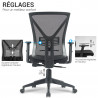 Chaise de bureau dossier ergonomique avec accoudoirs réglables et soutien lombaire réglable