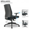 fauteuil de bureau avec accoudoirs réglables en hauteur et assise coulissante
