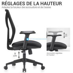 Chaise Bureau, avec Accoudoirs réglables, Bascuilant Synchrone - Noir
