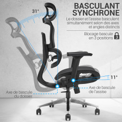 fauteuil de bureau avec dossier inclinable et basculant, blocage 3 positions