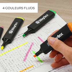 12 Surligneurs Fluo 4 Couleurs assorties, pointe biseautée
