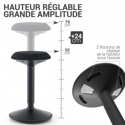 Tabouret Dynamique à Bascule- Assise ronde - Hauteur réglable - Noir 