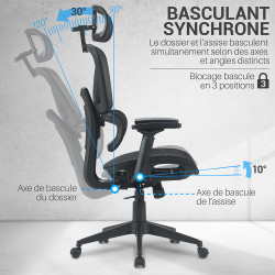 Fauteuil de bureau ergonomique réglable 3D avec assise en mesh