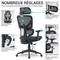 Fauteuil de bureau ergonomique réglable 3D avec assise en mesh