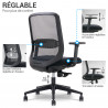 chaise de bureau confort avec accoudoirs  réglables, soutien lombaire réglable et profondeur d'assise réglable