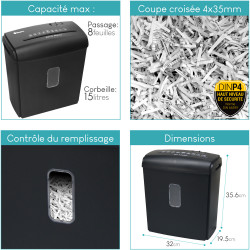 Destructeur de Documents Coupe Croisée 8 Feuil + Flacon Huile Lubrif