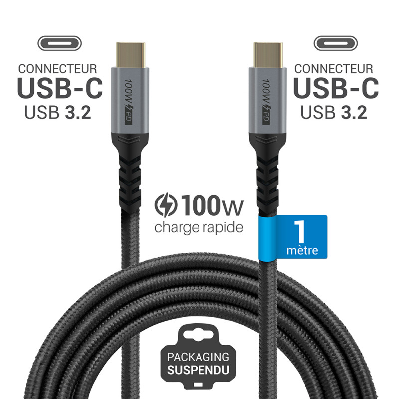 Câble USB C / USBC Charge Rapide 100W transfert 10Gbps nylon Noir