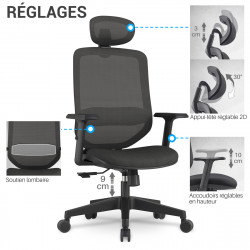 chaise de bureau avec appui-tête réglable, accoudoirs réglables