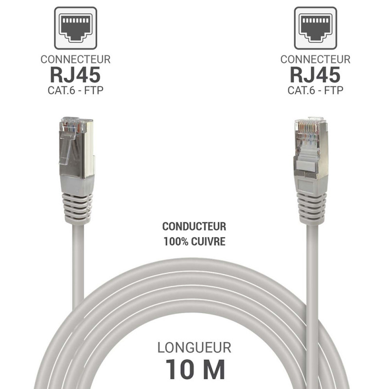 Câble réseau RJ45 Cat. 6 100% cuivre blindé FTP gris 10.00m